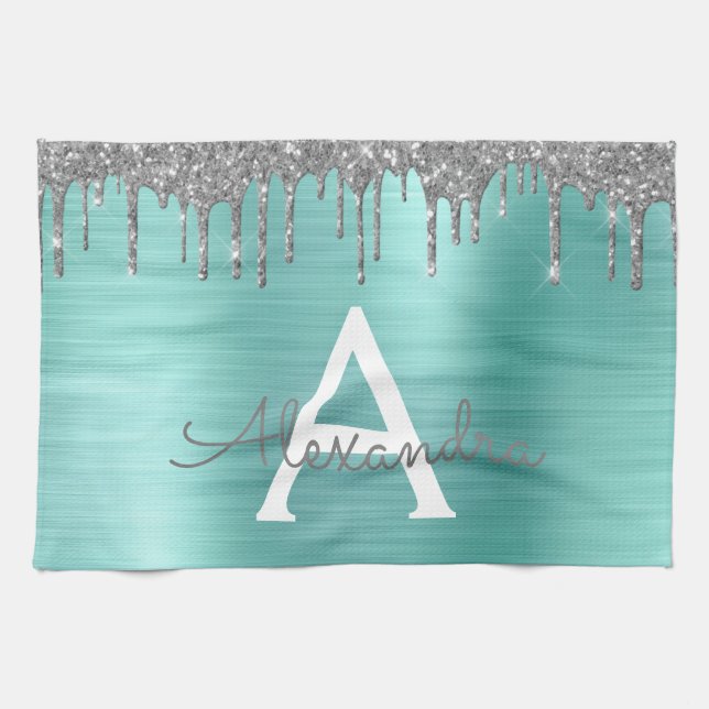 Silver Teal Glitter Brushed Metal Monogram Name Kitchen Towel (Horizontal)