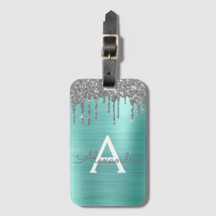 Silver Teal Glitter Brushed Metal Monogram Name Luggage Tag