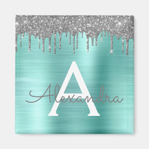 Silver Teal Glitter Brushed Metal Monogram Name Magnet