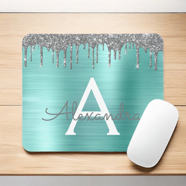 Silver Teal Glitter Brushed Metal Monogram Name Mouse Pad (Creator Uploaded)