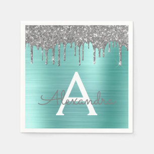 Silver Teal Glitter Brushed Metal Monogram Name Napkin