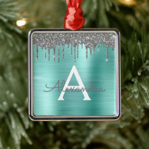 Silver Teal Glitter Brushed Metal Monogram Name Ornament
