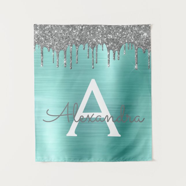 Silver Teal Glitter Brushed Metal Monogram Name Tapestry (Front)
