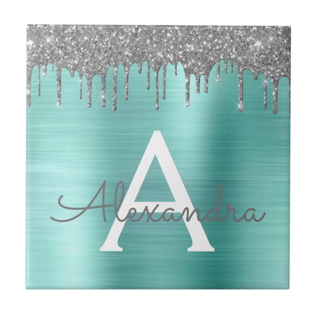 Silver Teal Glitter Brushed Metal Monogram Name Tile (Front)