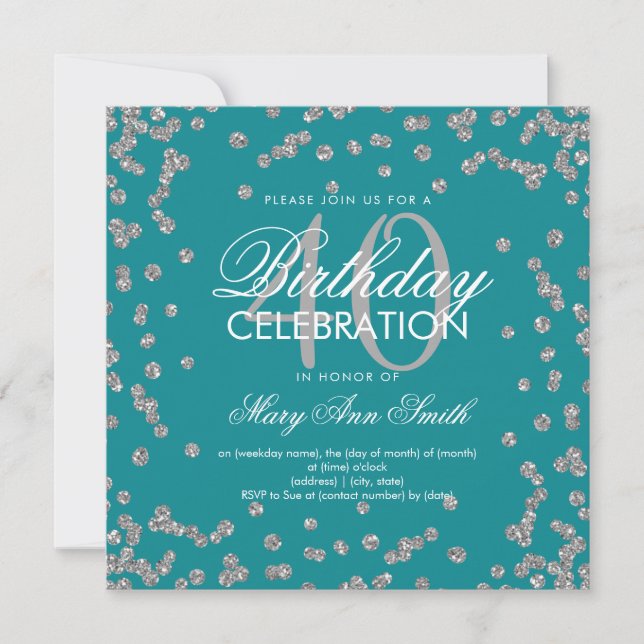 Silver Teal Glitter Confetti 40th Birthday Invitation (Front)