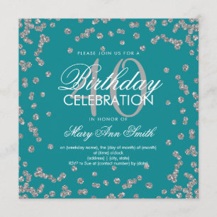 Silver Teal Glitter Confetti 40th Birthday Invitation