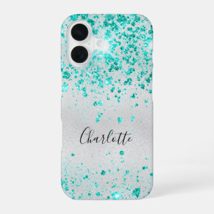 Silver teal glitter green monogram name iPhone 16 case