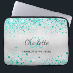Silver teal glitter green monogram name laptop sleeve<br><div class="desc">A stylish,  modern faux silver metallic looking background. Decorated with teal,  sea green faux glitter dust. Personalize and add your first name,  monogram initials and full name. The name is written with a hand lettered style script.</div>