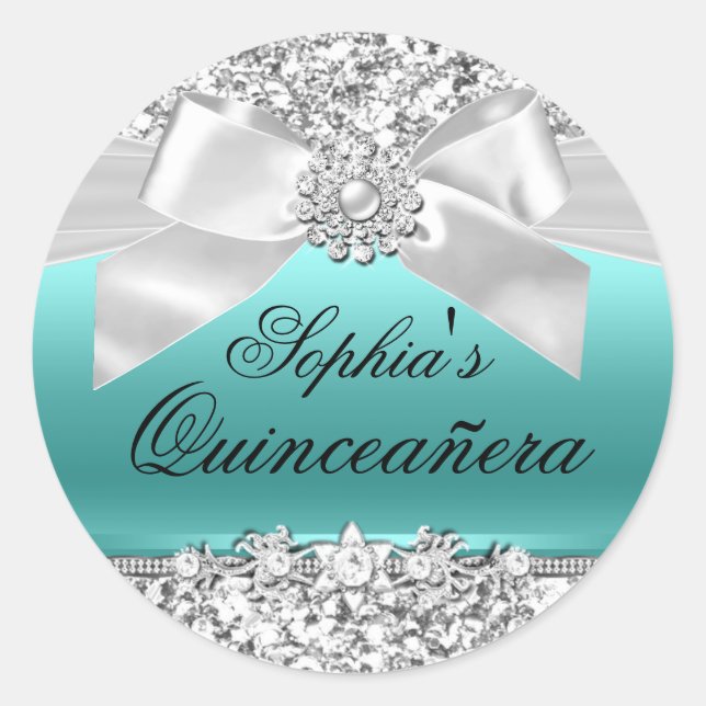 Silver Teal Glitter & Jewel Bow Sticker (Front)