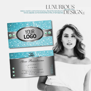 Silver Teal Glitter Sparkle Stars Rhinestones Logo Business Card