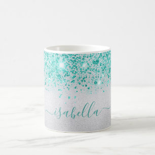 Silver teal glitter sparkles name script coffee mug