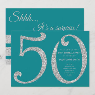 Silver Teal Glitter Surprise 50th Birthday Party Invitation