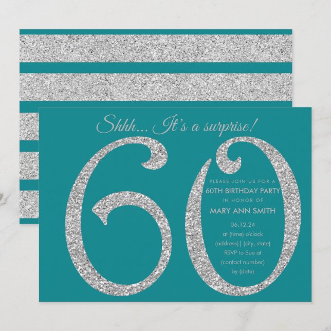 Silver Teal Glitter Surprise 60th Birthday Party Invitation (Front/Back)