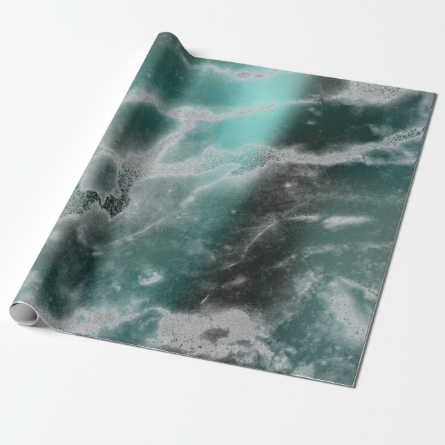 Silver Teal Grungy Grey Marble Stone Brushes Wrapping Paper (Unrolled)