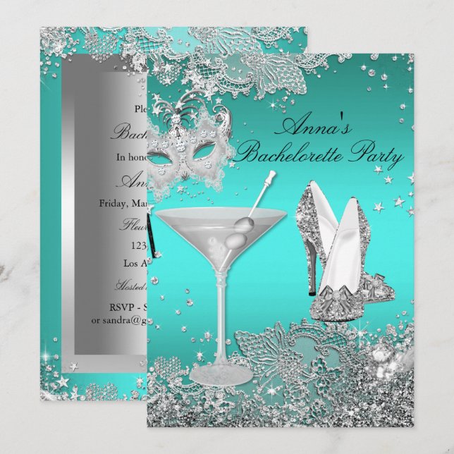 Silver Teal Mask & Jewel Lace Bachelorette Party Invitation (Front/Back)