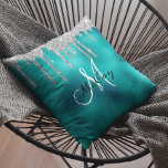 Silver Teal Metal Glitter Look Drips Monogram Throw Pillow<br><div class="desc">This design was created through digital art. It may be personalized by clicking the customize button and changing and add a name, initials or your favourite words. The glitter is simulated. Contact me at colorflowcreations@gmail.com if you with to have this design on another product. See more of my creations or...</div>