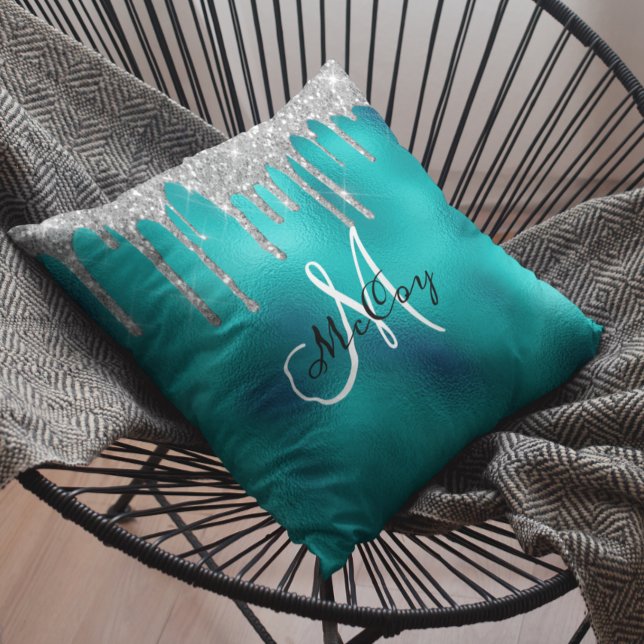 Silver Teal Metal Glitter Look Drips Monogram Throw Pillow (Creator Uploaded)