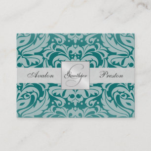 Silver & Teal Monogram Damask Wedding RSVP Card