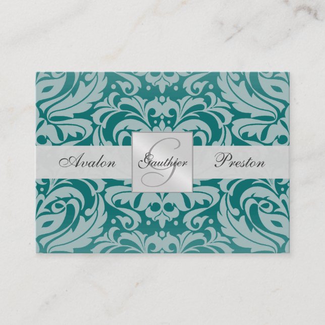 Silver & Teal Monogram Damask Wedding RSVP Card (Front)