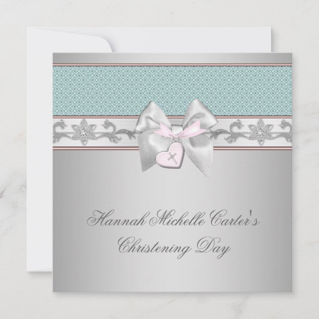 Silver Teal Pink Girls Christening Invitation (Front)