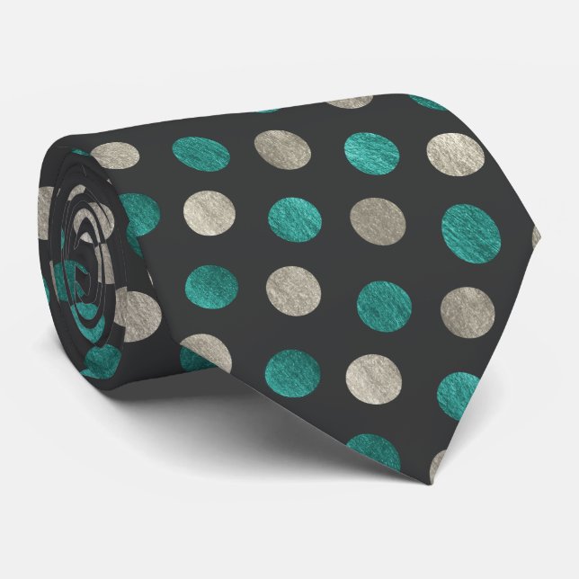 Silver & Teal Polka Dot Personalized Charcoal Grey Tie (Rolled)
