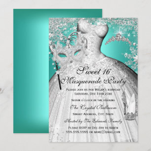 Silver Teal Princess Masquerade Sweet 16 Invite