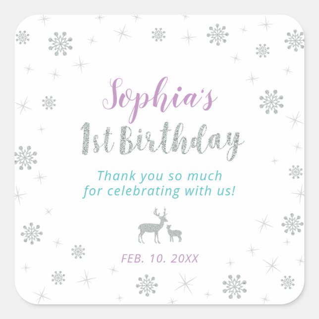 Silver, Teal & Purple: Winter 1st Birthday Square Sticker (Front)