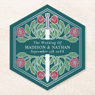 Silver Teal Royal Medieval Floral Sword Wedding Paper Coaster