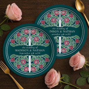 Silver Teal Royal Medieval Floral Sword Wedding  Paper Plate