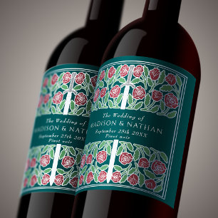Silver Teal Royal Medieval Floral Sword Wedding Wine Label