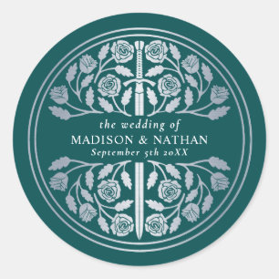 Silver Teal Royal Medieval Sword Wedding  Classic Round Sticker
