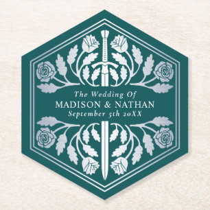 Silver Teal Royal Medieval Sword Wedding Paper Coaster