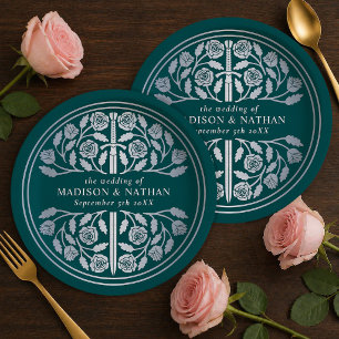 Silver Teal Royal Medieval Sword Wedding  Paper Plate