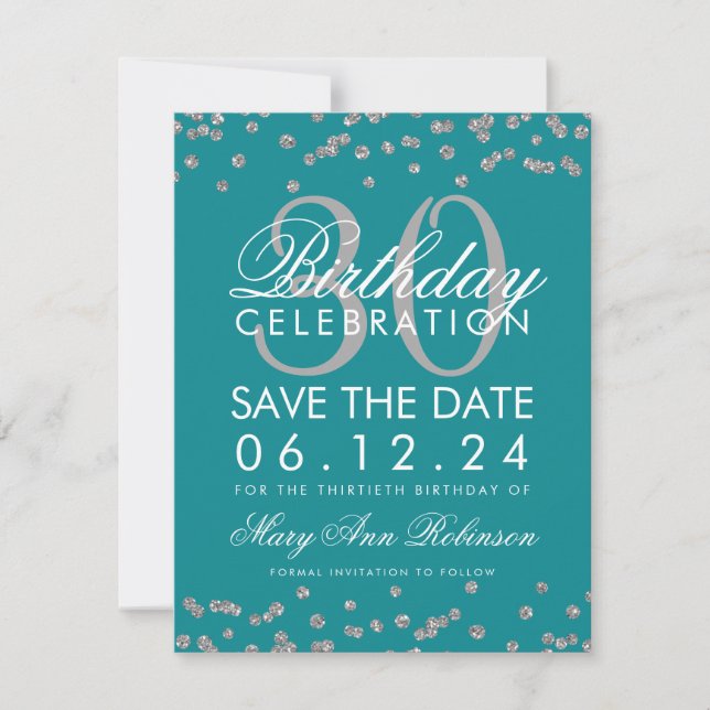 Silver Teal Save the Date Birthday Confetti (Front)