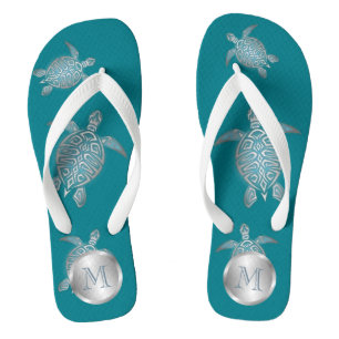 Silver Teal Sea Turtle Flip Flops
