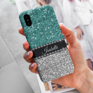 Silver Teal Sparkle Glam Bling Personalized iPhone 11 Case