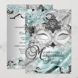 Silver Teal Sparkle Mask Masquerade Quinceanera Invitation