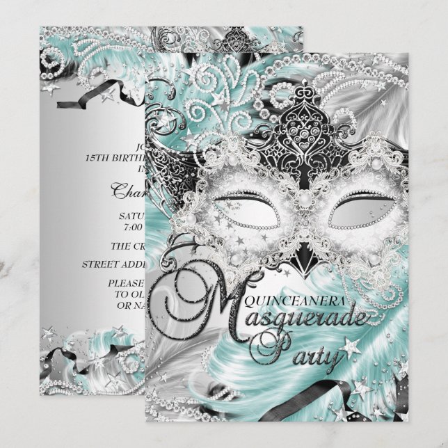 Silver Teal Sparkle Mask Masquerade Quinceanera Invitation (Front/Back)