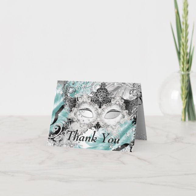 Silver Teal Sparkle Mask Masquerade Thank You (Front)