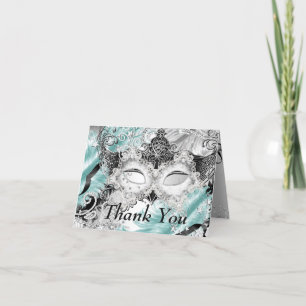 Silver Teal Sparkle Mask Masquerade Thank You Card
