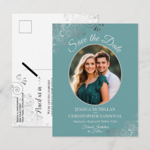 Silver & Teal Wedding Save the Date Oval Photo Announcement Postcard