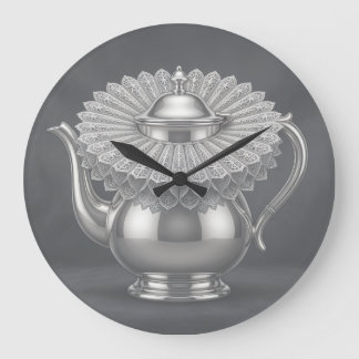 Silver Teapot & Lace Ruff Unique Regency Style Tea Large Clock