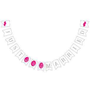 Silver text and initials, magenta hearts on white bunting flags