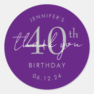 Silver "Thank You" 40th Birthday Party Purple  Classic Round Sticker
