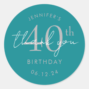 Silver "Thank You" 40th Birthday Party Turquoise  Classic Round Sticker
