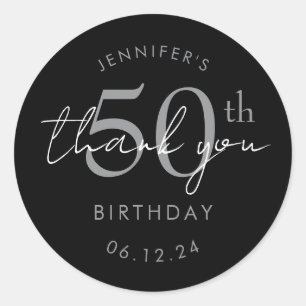 Silver "Thank You" 50th Birthday Party Black Classic Round Sticker