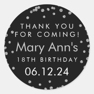 Silver Thank You Birthday Glitter Confetti Black Classic Round Sticker