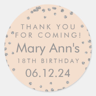 Silver Thank You Birthday Glitter Confetti Rose Classic Round Sticker