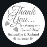 Silver Thank You Wedding Favour Classic Round Sticker<br><div class="desc">Elegant and stylish wedding stickers with silver thank you typography and silver hearts.Personalize with bride and groom names and wedding date.</div>