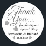 Silver Thank You Wedding Favour Classic Round Sticker<br><div class="desc">Elegant and stylish wedding stickers with silver thank you typography and silver hearts.Personalize with bride and groom names and wedding date.</div>